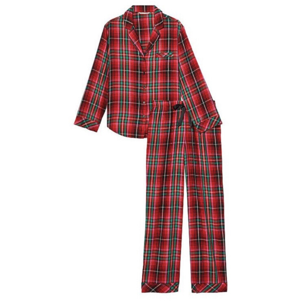 VICTORIA'S SECRET Red, Green & Pink Plaid Flannel Long Pajama Set